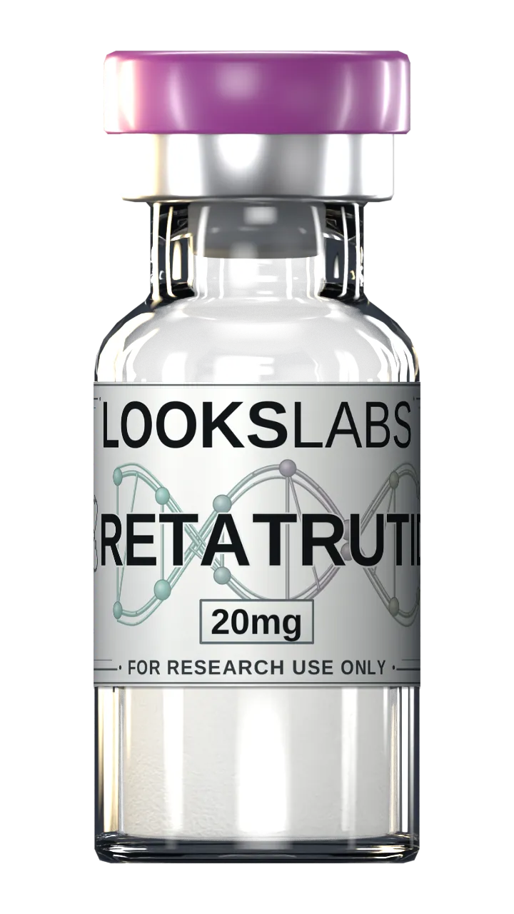 Flacon de Retatrutide 20 mg LooksLabs : capsule violette, sertissage aluminium, étiquette gris argent, poudre lyophilisée blanche.