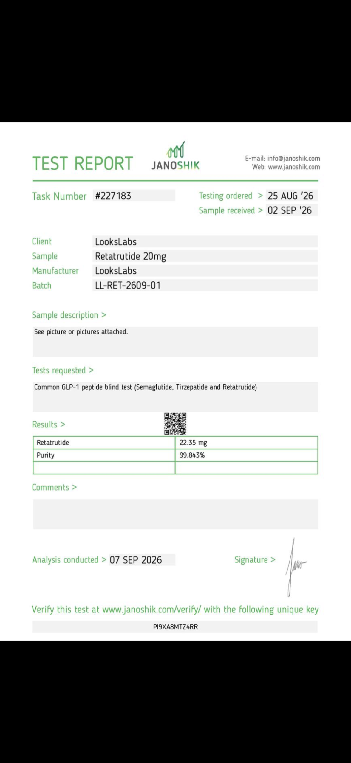 Certificat d'analyse Janoshik du retatrutide 20 mg LooksLabs, lot LL-RET-2609-01, pureté 99,843 %