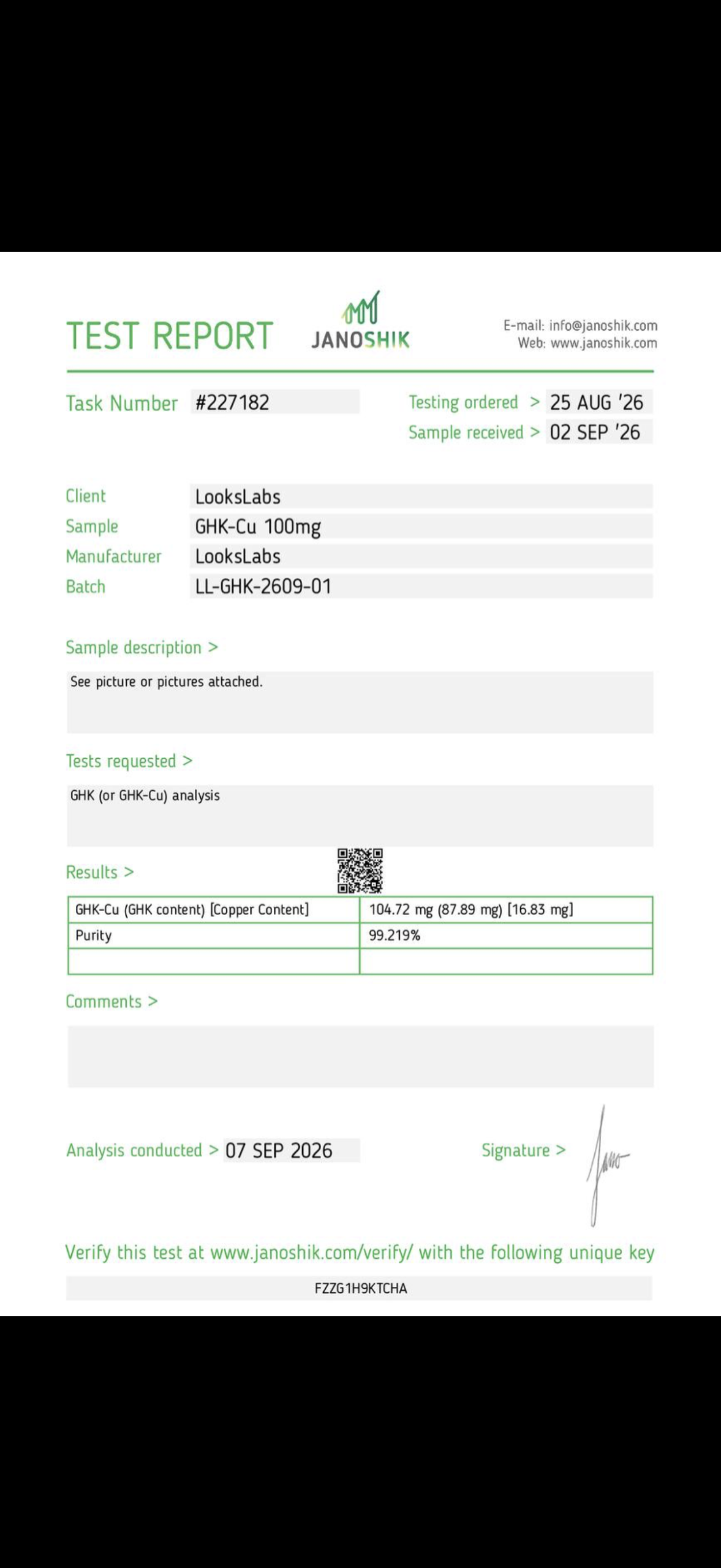 Certificat d'analyse Janoshik du GHK-Cu 100 mg, lot LL-GHK-2609-01, pureté 99,219 %