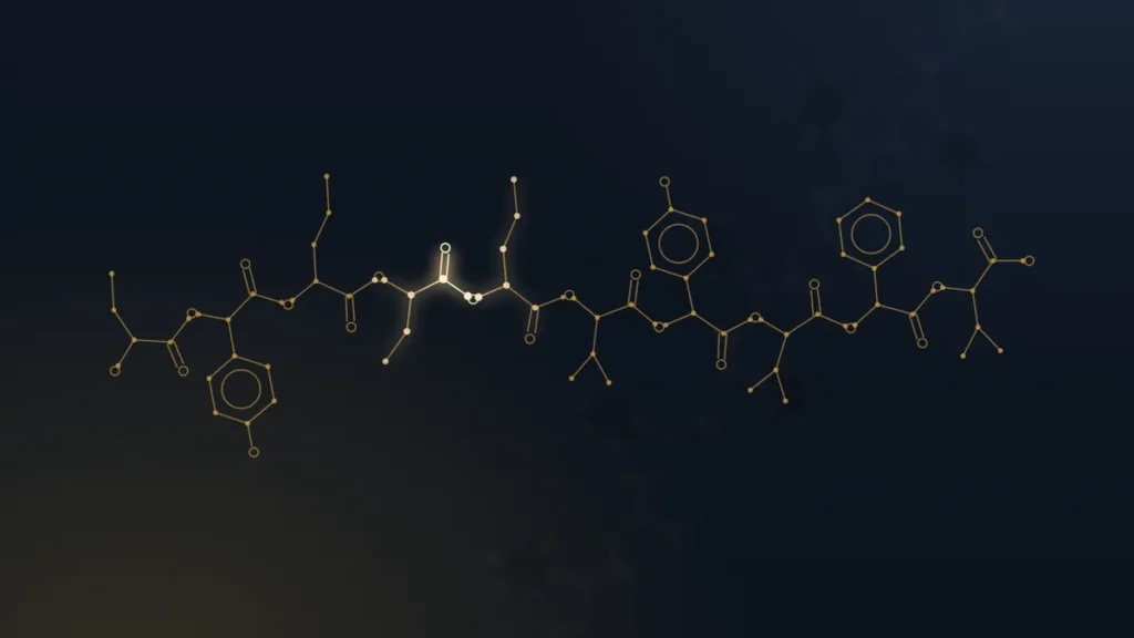 Illustration d'une chaîne peptidique dorée sur fond bleu nuit (représentation schématique)