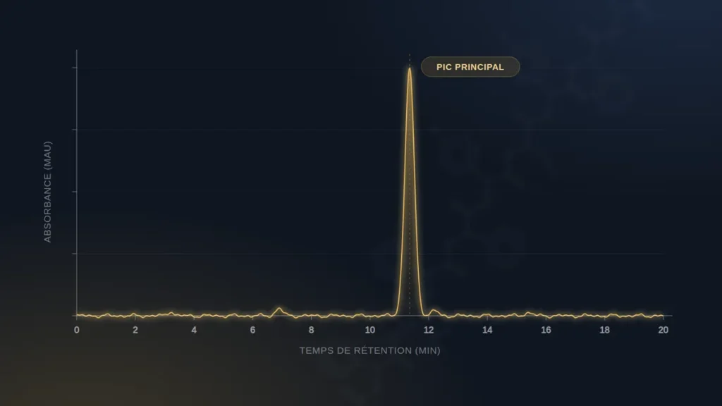 Illustration d'un chromatogramme HPLC : un pic principal net et quelques pics mineurs d'impuretés (schéma)