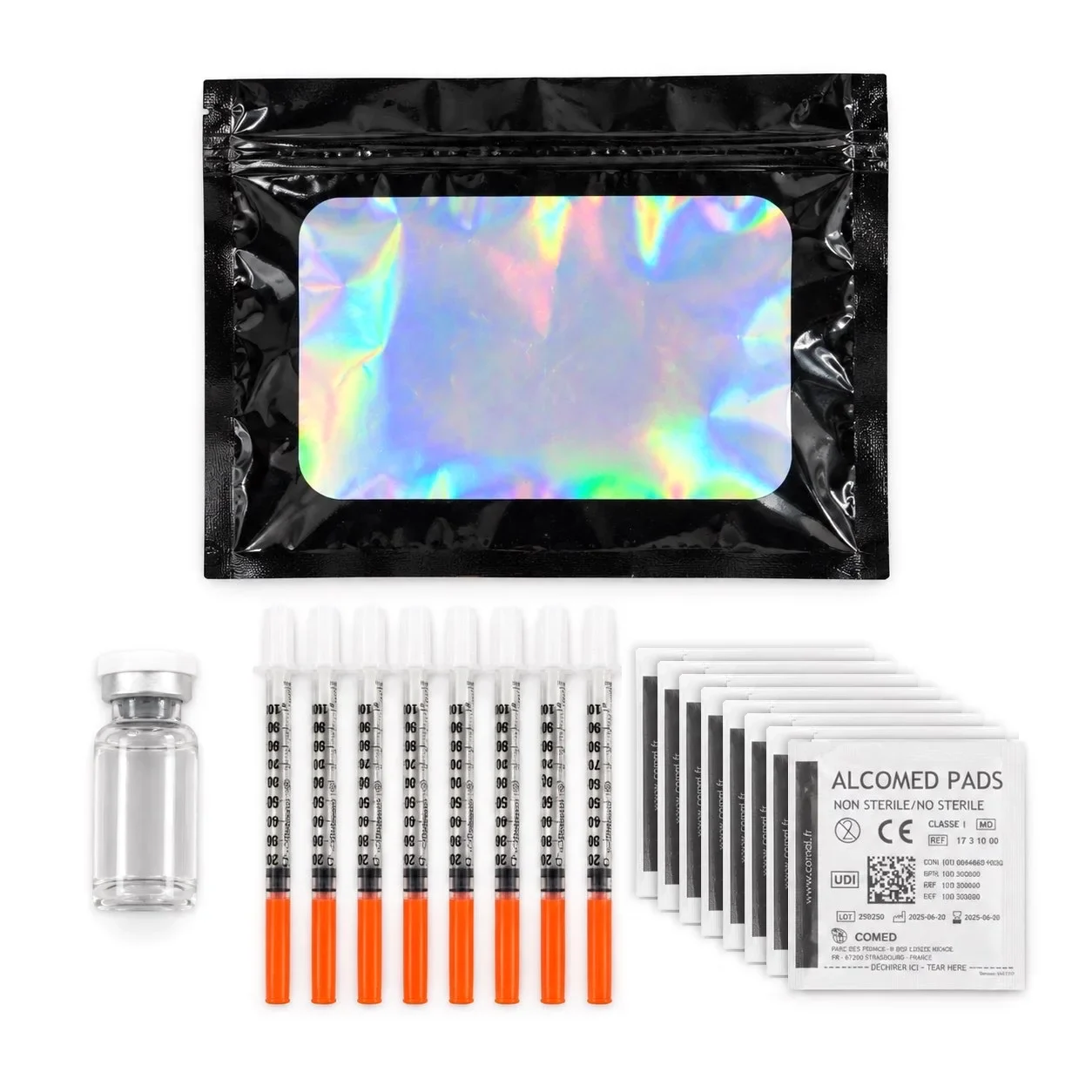 Contenu du kit de reconstitution LooksLabs : sachet, flacon d’eau bactériostatique, 8 seringues à insuline 1 mL et 8 tampons alcoolisés