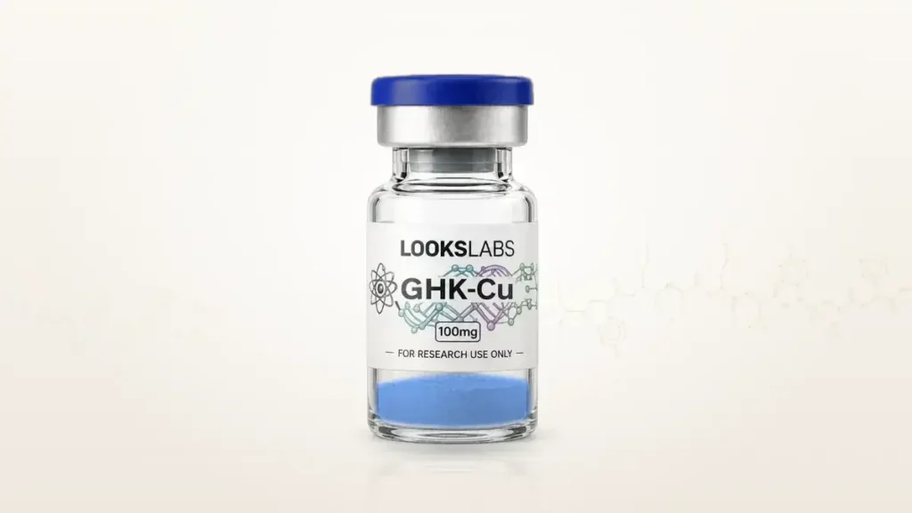Flacon LooksLabs de GHK-Cu 100 mg, poudre bleue, capsule bleue