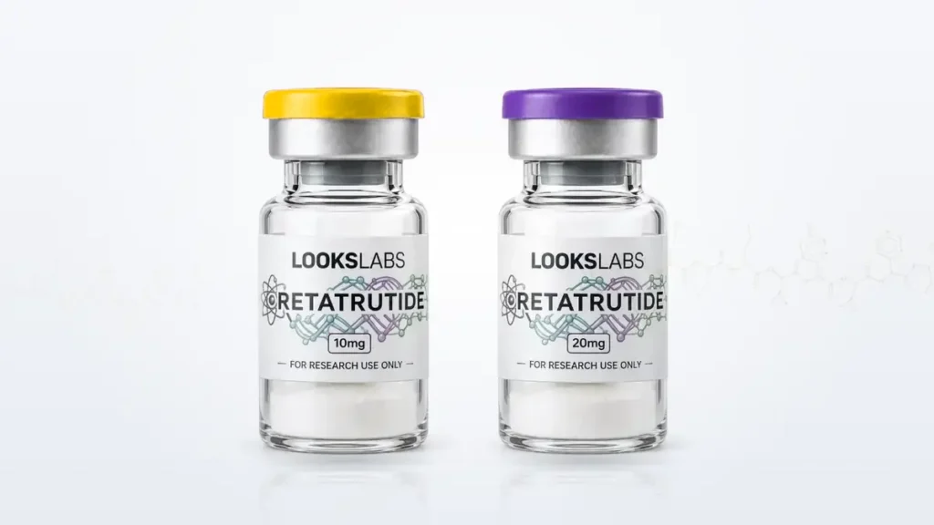 Flacons LooksLabs de Retatrutide 10 mg (capsule jaune) et de Retatrutide 20 mg (capsule violette)