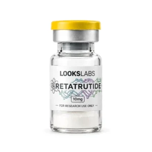Flacon LooksLabs de Retatrutide 10 mg lyophilisé, capsule jaune, poudre blanche