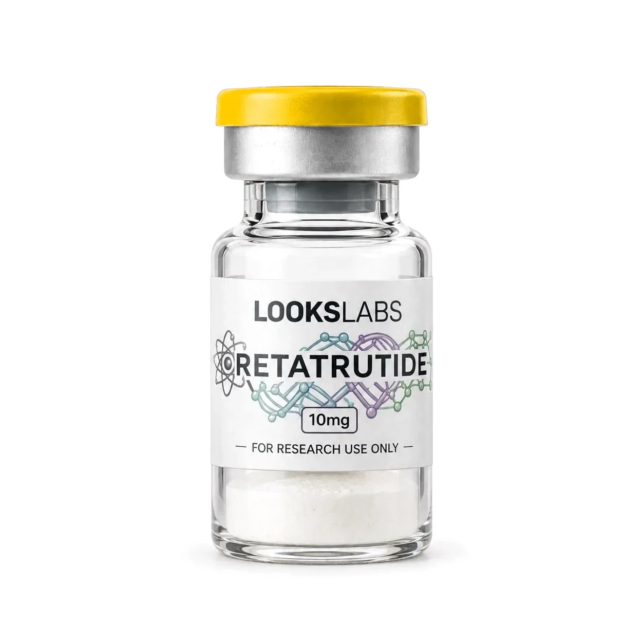 Flacon LooksLabs de Retatrutide 10 mg lyophilisé, capsule jaune, poudre blanche