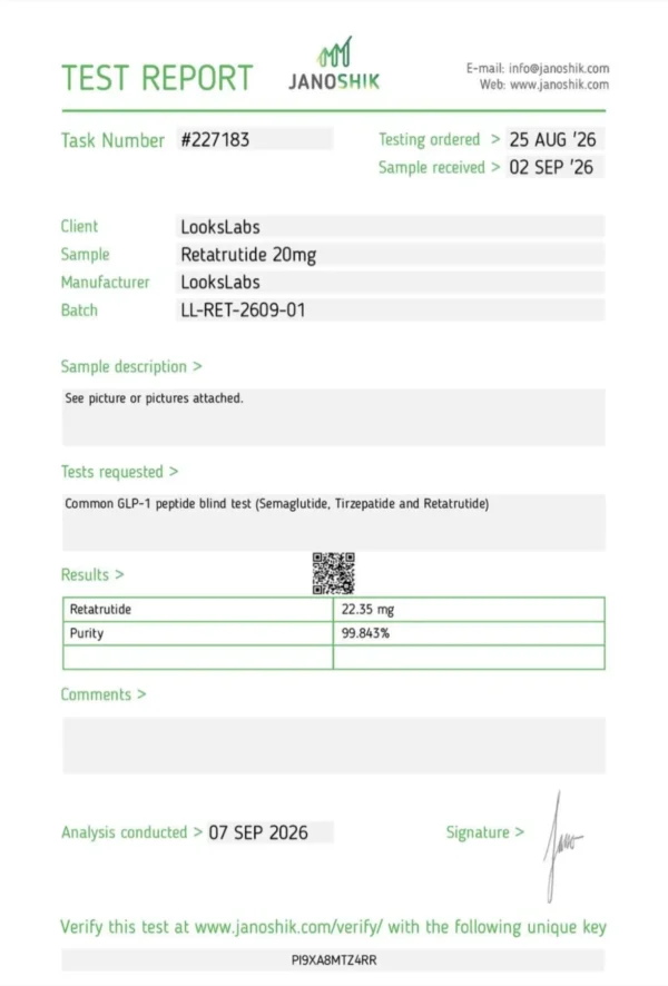 Rapport Janoshik n° 227183, retatrutide 20 mg, lot LL-RET-2609-01